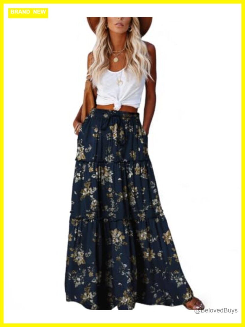 Boho Tiered Maxi Skirt with Pockets Flowy 100% Polyester High Waist